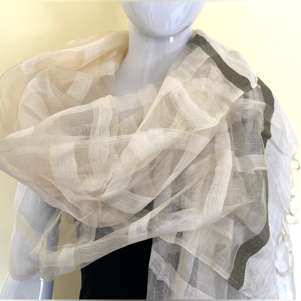 Silk & cotton blend cream color striped wrap extra long shawl - Picture 3 of 15